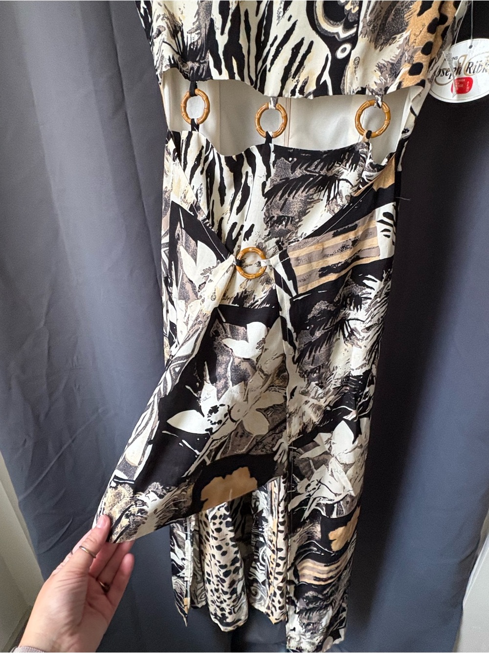Joseph Ribkoff Abstract Animal Print high low Dress with Gold Ring Accents - Picture 3 of 8